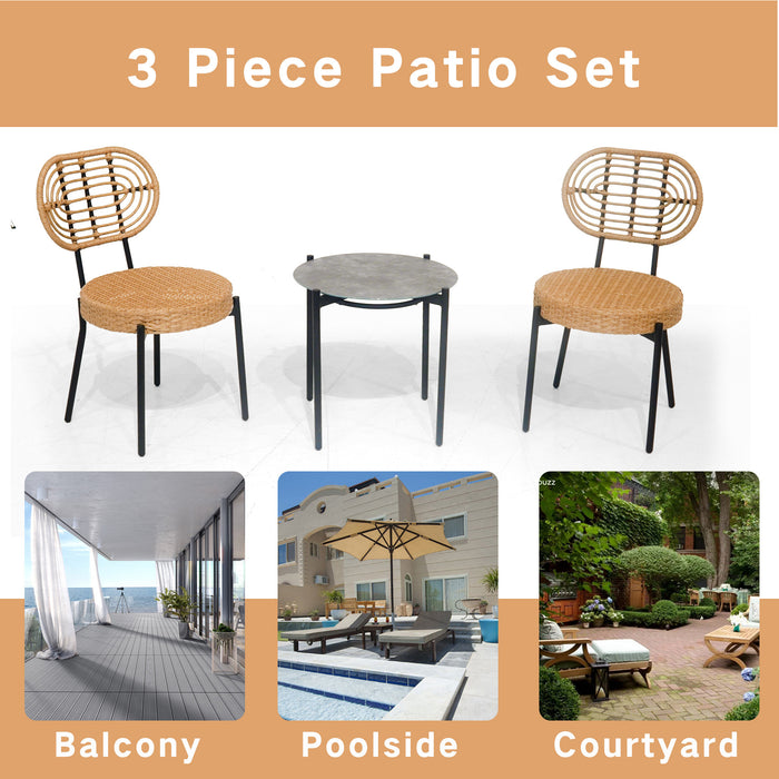 3 Pieces Of Luxury Outdoor Wicker Furniture - Patio Bistro Style Table And Chair Combination,Weather-resistant PE Wicker Weave, Stainless Steel Fame, Suitable For Garden, Terrace,Backyard Casua - DTYStore
