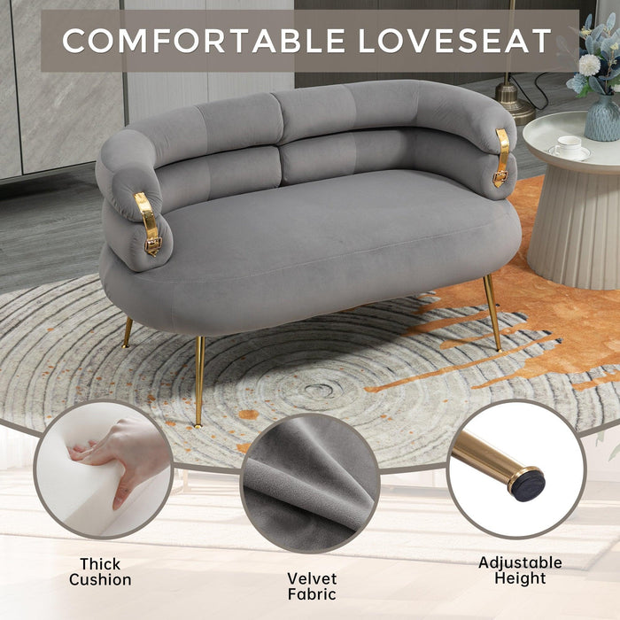 COOLMORE Small Loveseat Sofa, Upholstered Mini Couch with Curved Backrest with Stylish Golden Decor, Small Comfy Love Seat Leisure Accent Couch for Living Room, Bedroom, Office (Gray)