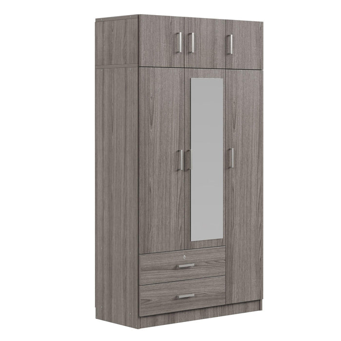 3-Door Mirror Wardrobe with 2 Drawers and Top Cabinet