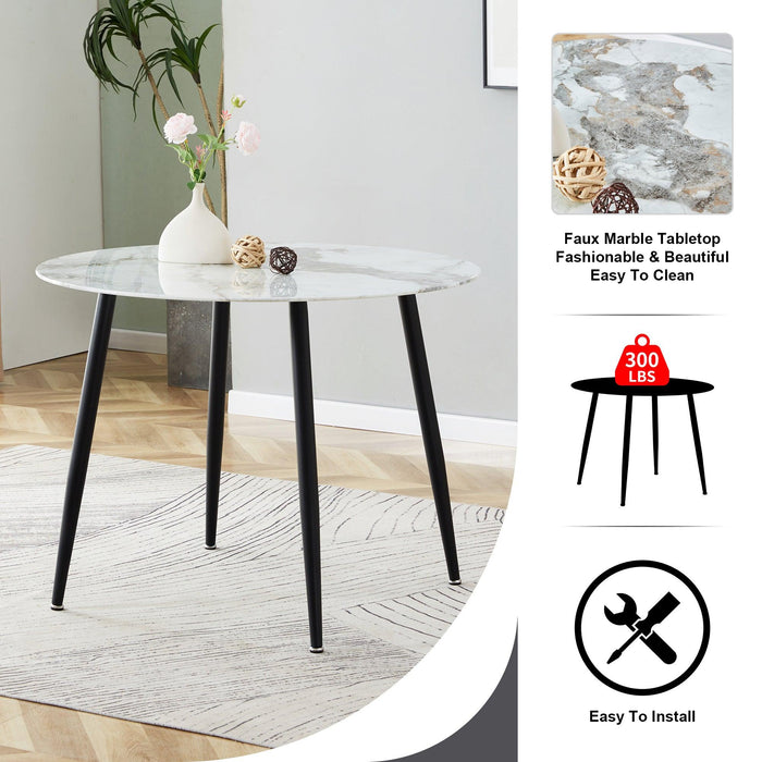 A modern minimalist circular dining table with a diameter of 40 inches, a 0.3 inch thick imitation marble pattern tabletop and black metal legs 40 '* 40' * 30 'DT-1164