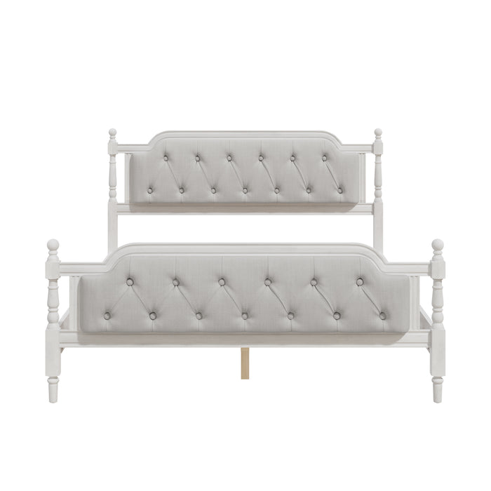 Traditional Style Solid Wood Bed Frame with Upholstered Tufted Headboard,No Box Spring Needed,Queen Size, Antique White - DTYStore