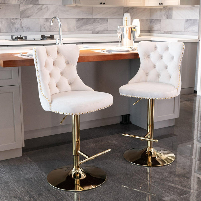 A&A Furniture,Golden Swivel Velvet Barstools Adjusatble Seat Height from 25-33 Inch,Modern Upholstered Bar Stools with Backs Comfortable Tufted for Home Pub and Kitchen Island,Beige,Set of 2