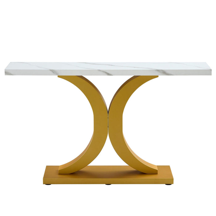 A modern minimalist style foyer table with white tabletop, gold bracket, and bottom plate, enhancing the beauty and artistic atmosphere of the home, suitable for the foyer FXG