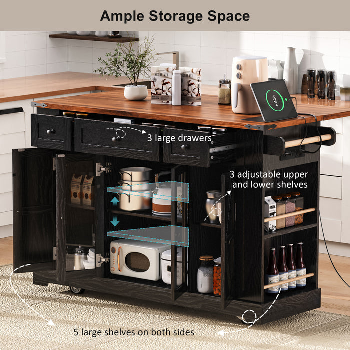 53'' Farmhouse Kitchen Island with Two Tempered Glass Cabinet Doors, Power Outlet, Rolling Kitchen Cart on Wheels with Drop Leaf, 5 Open Side Racks, 3 Drawers, for Kitchen, Dining Room, Black - DTYStore