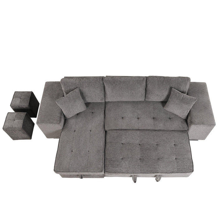 104.5" Modern L-Shape 3 Seat Reversible Sectional Couch, Pull Out Sleeper Sofa with Storage Chaise and 2 Stools for Living Room Furniture Set,Knox Charcoal