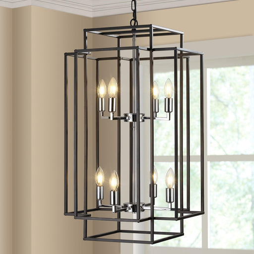 8-Lights Lantern Tiered Pendant Light Fixtures, Industrial Farmhouse Hanging Chandelier for Entryway, Foyer, Living Room, Kitchen Island, Staircase(Black & Silver) - DTYStore