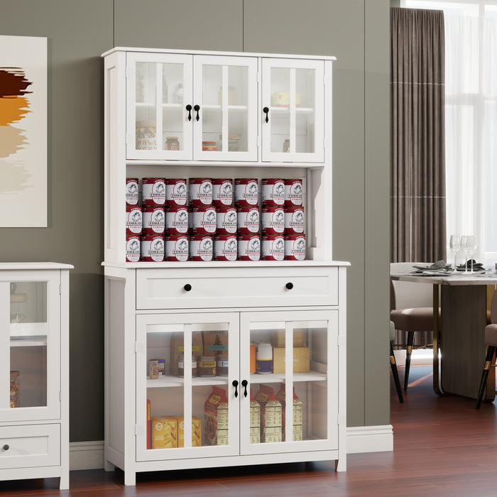 71' Pantry Storage Cabinet with Microwave Oven Countertop, Freestanding Hutch Cabinet with 3 Adjustable Shelves, 5 glass Doors and 1 Large Drawer-White - DTYStore
