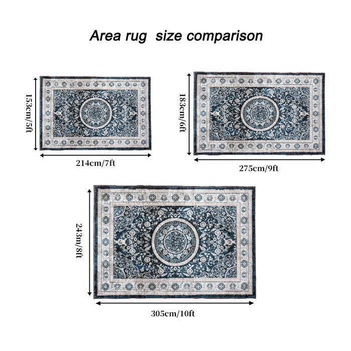 Area Rug 5x7 Vintage Bohemia Large Persian Non-slip Washable Rug For Living Room Kitchen Bedroom Living Room Flower Design Navy Blue - DTYStore