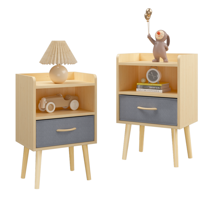 2PC Nightstand With Collapsible Fabric Drawer, 2-Tier Storage End Table, Wood Side Table with Storage Cabinet for Bedroom, Living Room - Oak - DTYStore