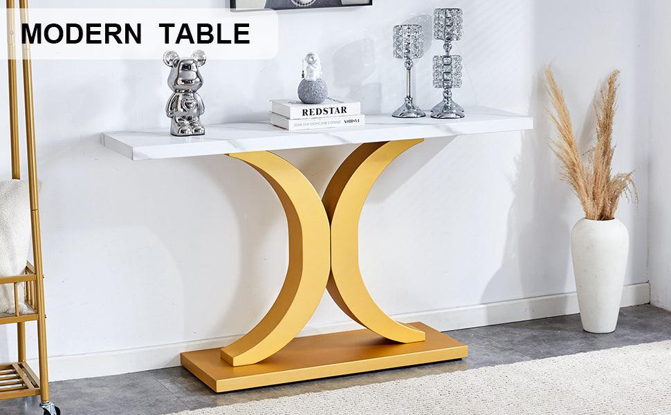 A modern minimalist style foyer table with white tabletop, gold bracket, and bottom plate, enhancing the beauty and artistic atmosphere of the home, suitable for the foyer FXG