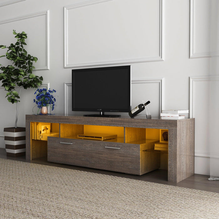 FashionTVstandTVcabinet,EntertainmentCenter,TVstationTV console,media console,with LEDlight belt,light belt remote control,toughenedglassshelf,metal handle,Canbeplaced in the living room,bedroom,brown