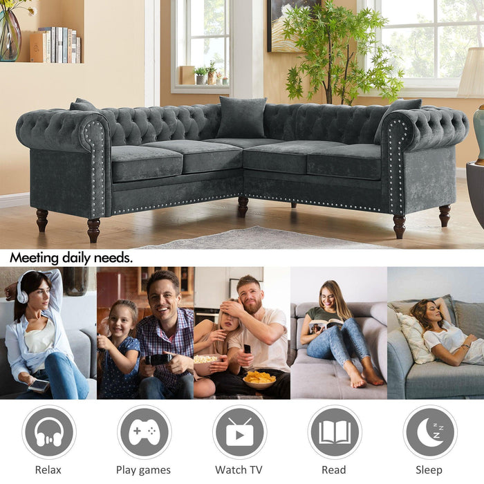 MH 80" Deep Button Tufted Upholstered Roll Arm Luxury Classic Chesterfield L-shaped Sofa 3 Pillows Included, Solid Wood Gourd Legs, Grey velvet