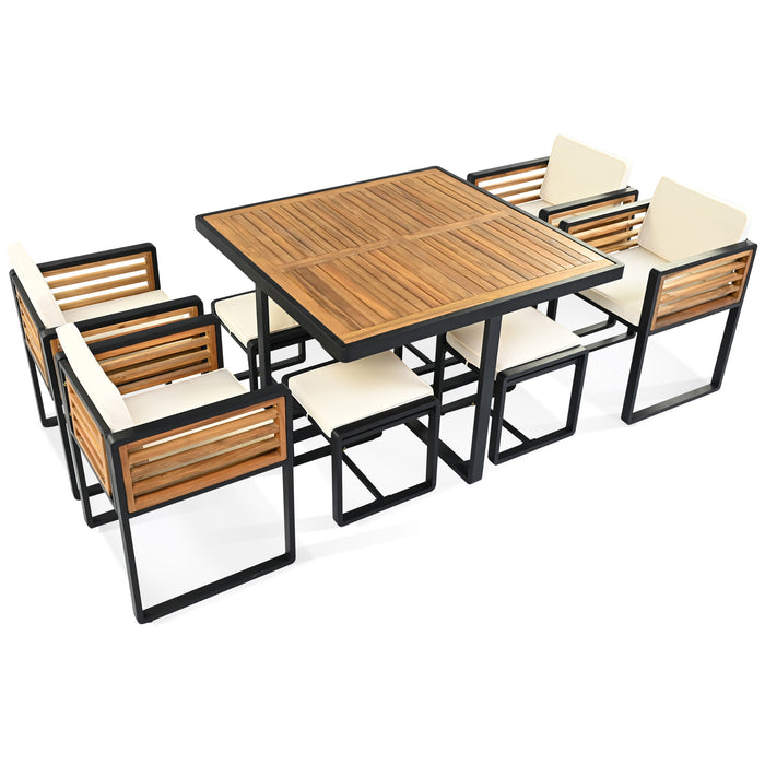 GO 9-Pieces Acacia Wood Patio Dining Set, Space Saving Outdoor Patio Set, 4 Cushioned Chairs & 4 Ottomans & 1 Square Table, for Backyard, Garden, Deck and Poolside, Beige - DTYStore