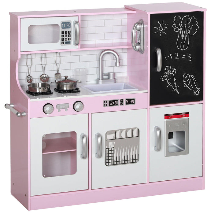 Play Kitchen, Kids Kitchen Playset Pretend Play Toy Kitchen with Play Phone, Chalkboard, Towel Rack, Ice Maker, 5 Accessories, Storage Space, Microwave & Sink, Gift for 3-8 Years, Pink