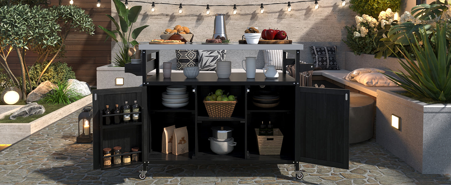 Outdoor Kitchen Island, Rolling Bar Cart & Storage Cabinet, Farmhouse Solid Wood Outdoor Grill Table with Stainless Steel Top, Spice Rack , Towel Rack for Kitchen & Barbecue, Black - DTYStore