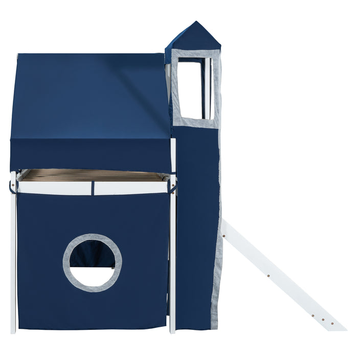 Twin Size Loft Bed with Tent and Tower - Blue - DTYStore