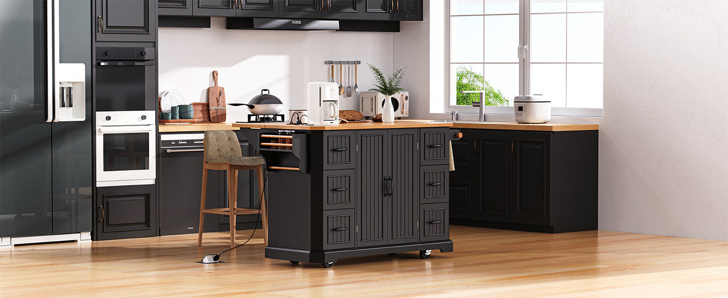 56 inch Kitchen Island with Rubber Wood Veneer Drop Leaf, Power Outlet, 4 Door Shelves, Embossed Vertical Stripe Rolling Kitchen Cart on 4 Wheels with 6 Deep Drawers for Kitchen, Dining Room,Black - DTYStore