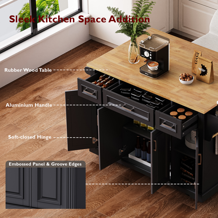 54inch Large Kitchen Island with Rubber Wood Drop Leaf, Embossed Texture Rolling Kitchen Cart on 4 Wheels with 4 Doors and 3 Drawers, Kitchen Island with Storage for Kitchen, Dining Room,Black - DTYStore