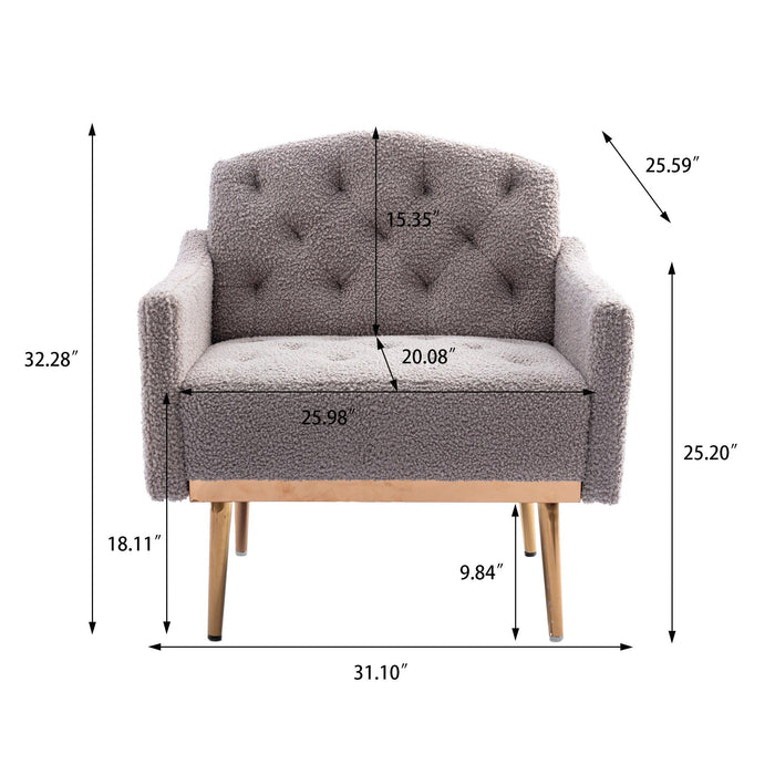 COOLMORE Modern Accent Chair with Arms, Tufted Decorative Fabric Armchair with Gold Metal Legs, Upholstered Reading Chair for Living Room Bedroom Office (Grey Teddy)