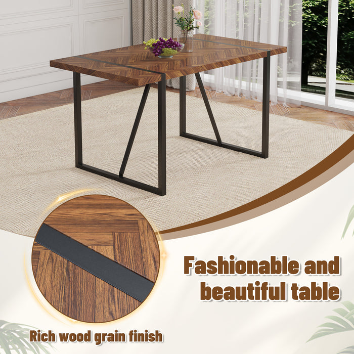 A minimalist retro rectangular dining table with a specially textured top and black metal legs.Contemporary Minimalist MDF Dark Wood Textured Tabletop.Able To Give People A Visual Beauty With Rules. - DTYStore