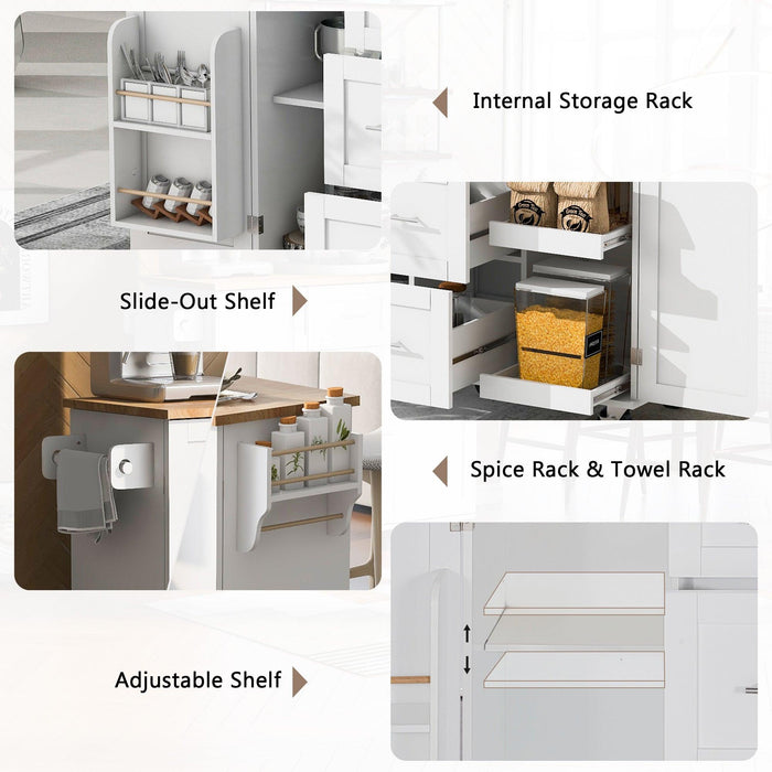 K&K Rolling Kitchen Island with Storage, Kitchen Cart with Rubber Wood Top, 3 Drawer, 2 Slide-Out Shelf and Internal Storage Rack, Kitchen Island on Wheels with Spice Rack & Tower Rack, White