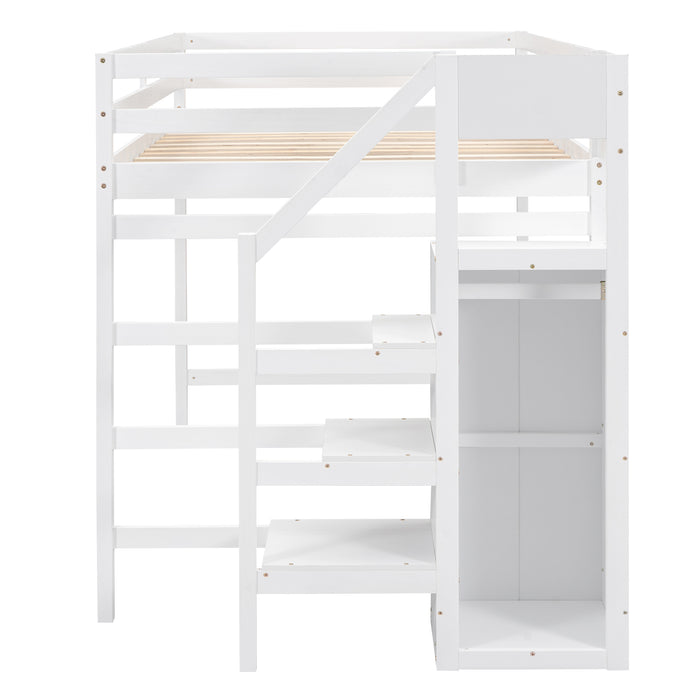 Full Size Loft Bed with Built-in Storage Wardrobe and Staircase, White(Old SKU:SM000527AAK) - DTYStore