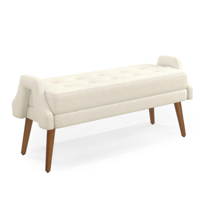 Modern Living Room Bench, made of looped yarn fabric, with soft cushion, irregular geometric armrests, and rubber wooden legs, suitable for living rooms, bedrooms, and entrances--beige