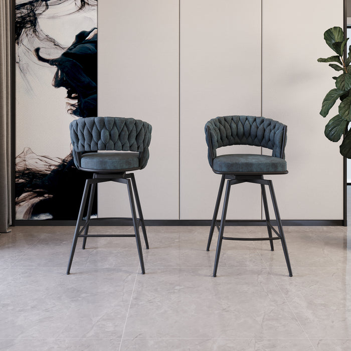 26' Bar Chair Suede Woven Bar Stool Set of 2,Black legs Barstools No Adjustable Kitchen Island Chairs,360 Swivel Bar Stools Upholstered Bar Chair Counter Stool Arm Chairs with Back Footrest (Blue) - DTYStore