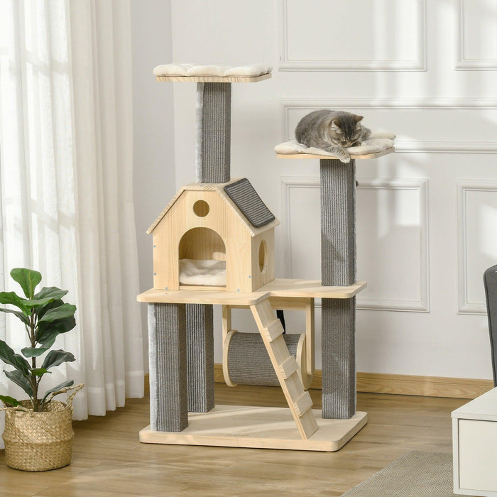 Cozy-House Cat Tree for Indoor Cats with Pillow-Covered Perches, Spinning Toy, Modern Climbing Activity Cat Tower with Scratching Posts, Cat Condo, Ladder, Natural