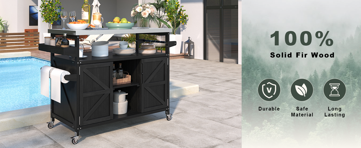 Outdoor Kitchen Island, Rolling Bar Cart & Storage Cabinet, Farmhouse Solid Wood Outdoor Grill Table with Stainless Steel Top, Spice Rack , Towel Rack for Kitchen & Barbecue, Black - DTYStore