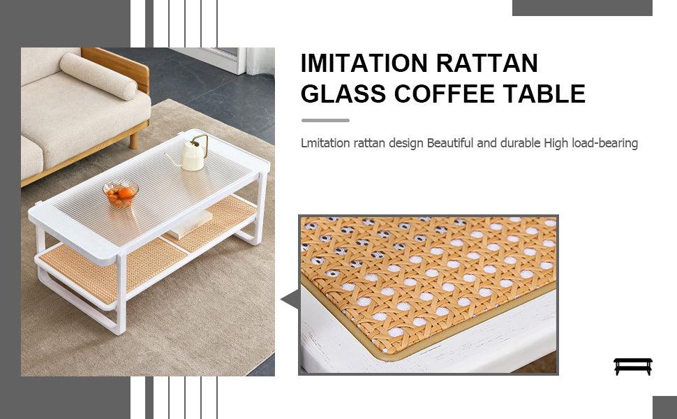 Modern Minimalist White Double Layered Solid Wood Coffee Table. Glass tabletop, imitation rattan edge table. Rectangular table suitable for living room, dining room, and bedroom