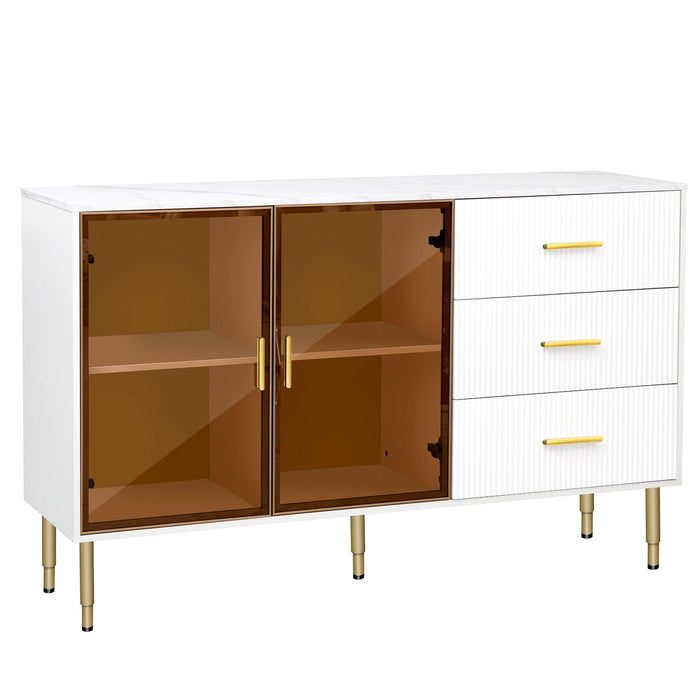 Modern Sideboard MDF Buffet Cabinet with Marble Sticker Tabletop and Glass Doors