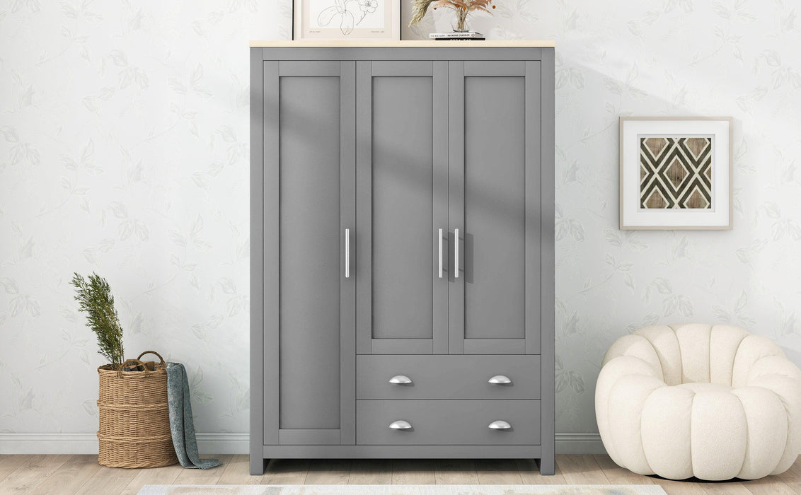 Three Door Storage Wardrobe with Cabinets and Two Hanging Rods,Gray