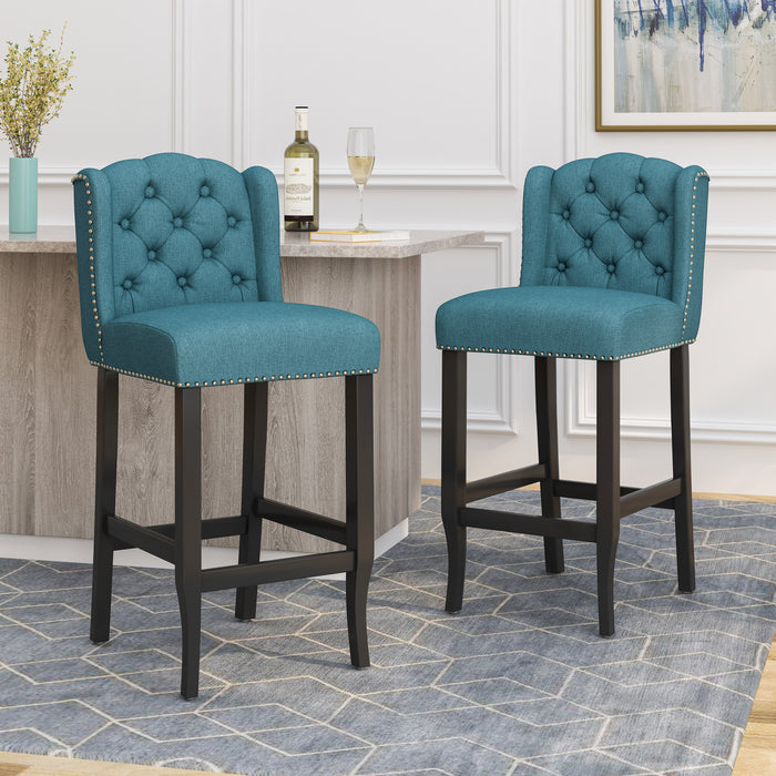 Vienna Contemporary Fabric Tufted Wingback 31 Inch Counter Stools, Set of 2, Teal and Dark Brown - DTYStore