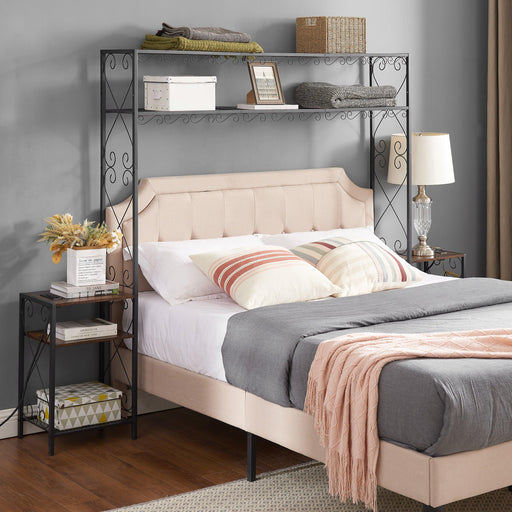 Queen Bed Frame with 2 Nightstands Headboards with Storage Cabinet, Headboard with Shelves, Bookcase Headboard Queen Easy Assembly for Bedroom Iron and Wood Rustic Brown - DTYStore