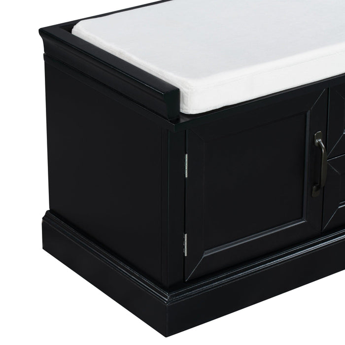 TREXM Storage Bench with 2 Drawers and 2 Cabinets, Shoe Bench with Removable Cushion for Living Room, Entryway (Black)