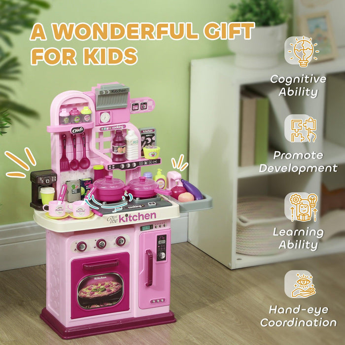 Play Kitchen, Kids Kitchen Playset Toy Kitchen with Lights, Sounds, 33 Accessories, Storage, Interactive Playset for Toddler 3-6 Years, Pink