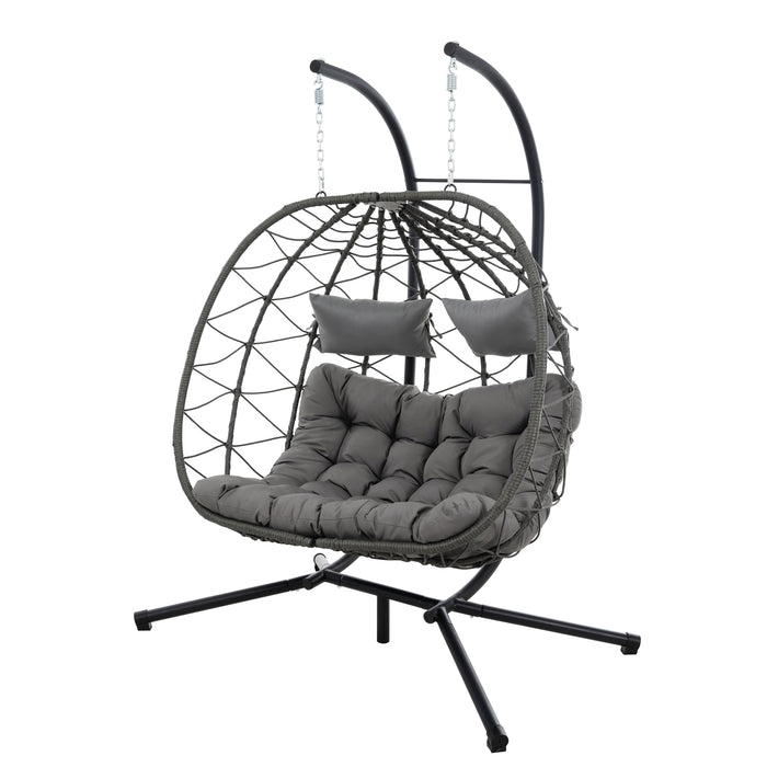 2 Persons Egg Chair with Stand Indoor Outdoor Swing Chair Patio Wicker Hanging Egg Chair Hanging Basket Chair with Stand for Bedroom Living Room Balcony - DTYStore