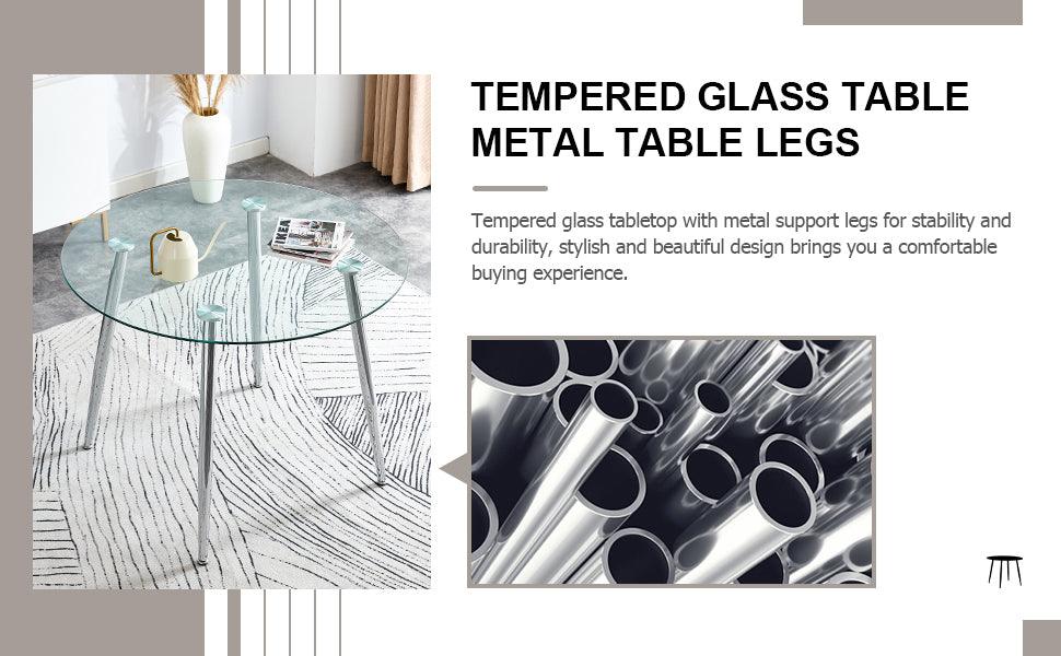 A glass tabletop with a diameter of 40 inches and a modern minimalist circular dining table with electroplated silver metal legs. Suitable for restaurants, living rooms, and conference rooms.