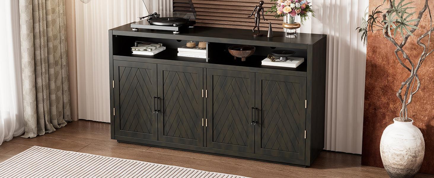 TREXM 4-door Classic Sideboard with Open Storage and Adjustable Shelves Perfect for kitchens, living rooms (Grey Brown)