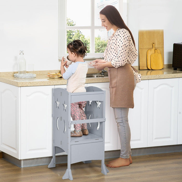 Wooden Kitchen Step Stool for Kids, Foldable Toddler Tower, Helper Stool for Kitchen Counter with Support Handles Safety Rail, Gray