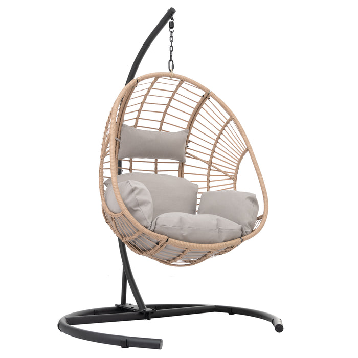 Outdoor Indoor Swing Egg Chair Natural color wicker with beige cushion - DTYStore