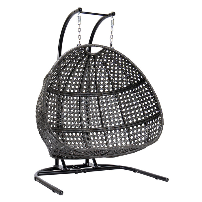 Charcoal Wicker Hanging Double-Seat Swing Chair with Stand w/Dust Blue Cushion - DTYStore