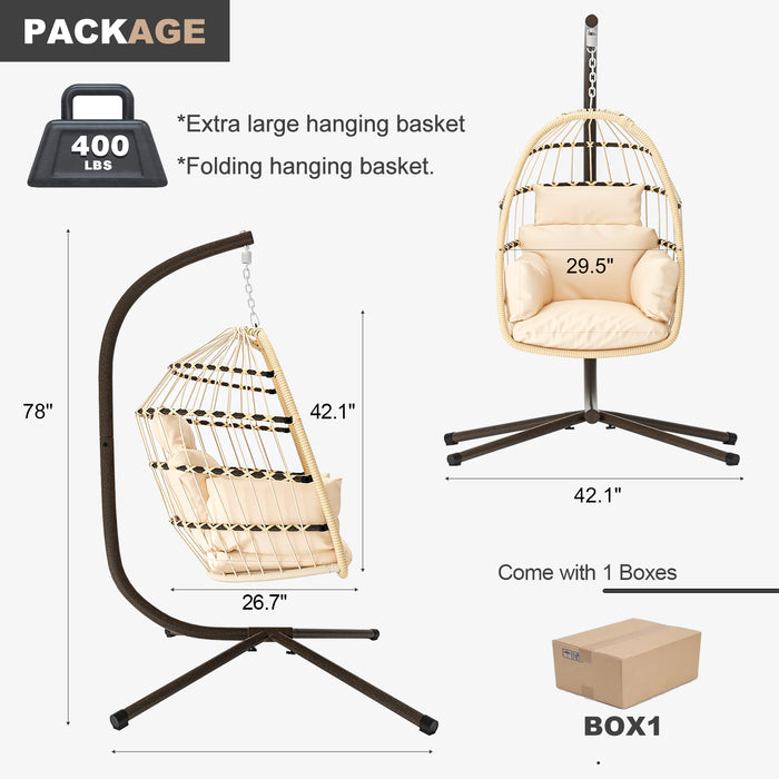 Patio Foldable Hanging Swing Chair with Stand Natural Color - DTYStore