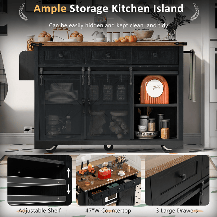 K&K 53.7" Farmhouse Kitchen Island with Power Outlet, 2 Sliding Barn Door Kitchen Storage Island with Drop Leaf, Spice Rack Rolling Kitchen Cart on Wheels, for Home, Kitchen and Dining Room, Black