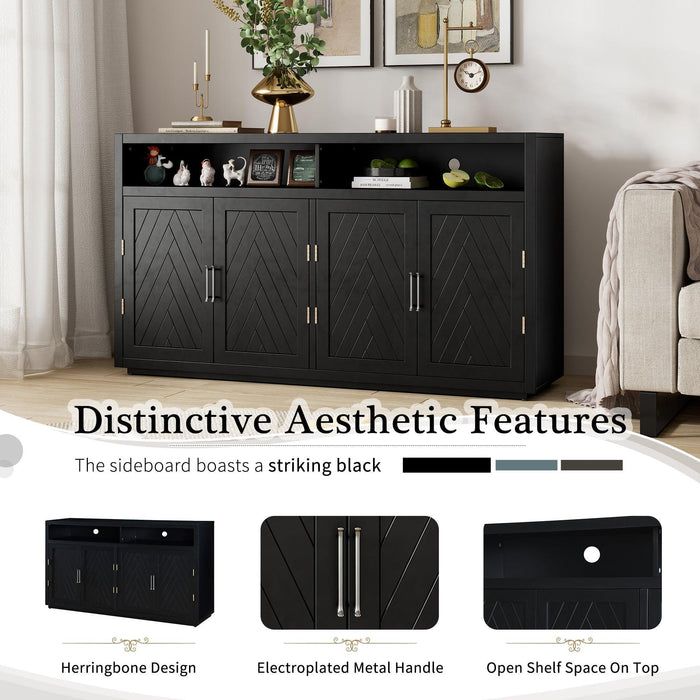 TREXM 4-door Classic Sideboard with Open Storage and Adjustable Shelves Perfect for kitchens, living rooms (Black)