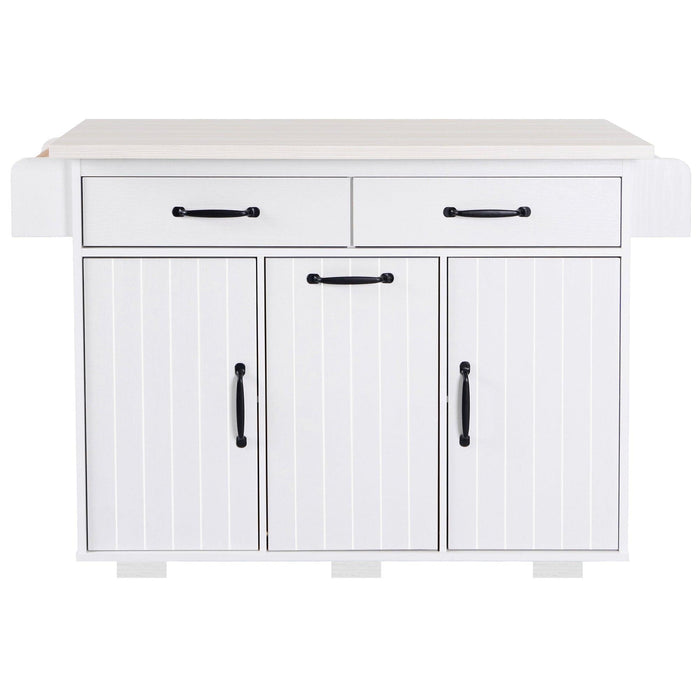 Kitchen Island with Trash Can Storage Cabinet, Kitchen Cart with Drop Leaf, Spice Rack, Towel Rack and Drawer, Rolling Kitchen Island on Wheels with Adjustable Shelf, White - DTYStore