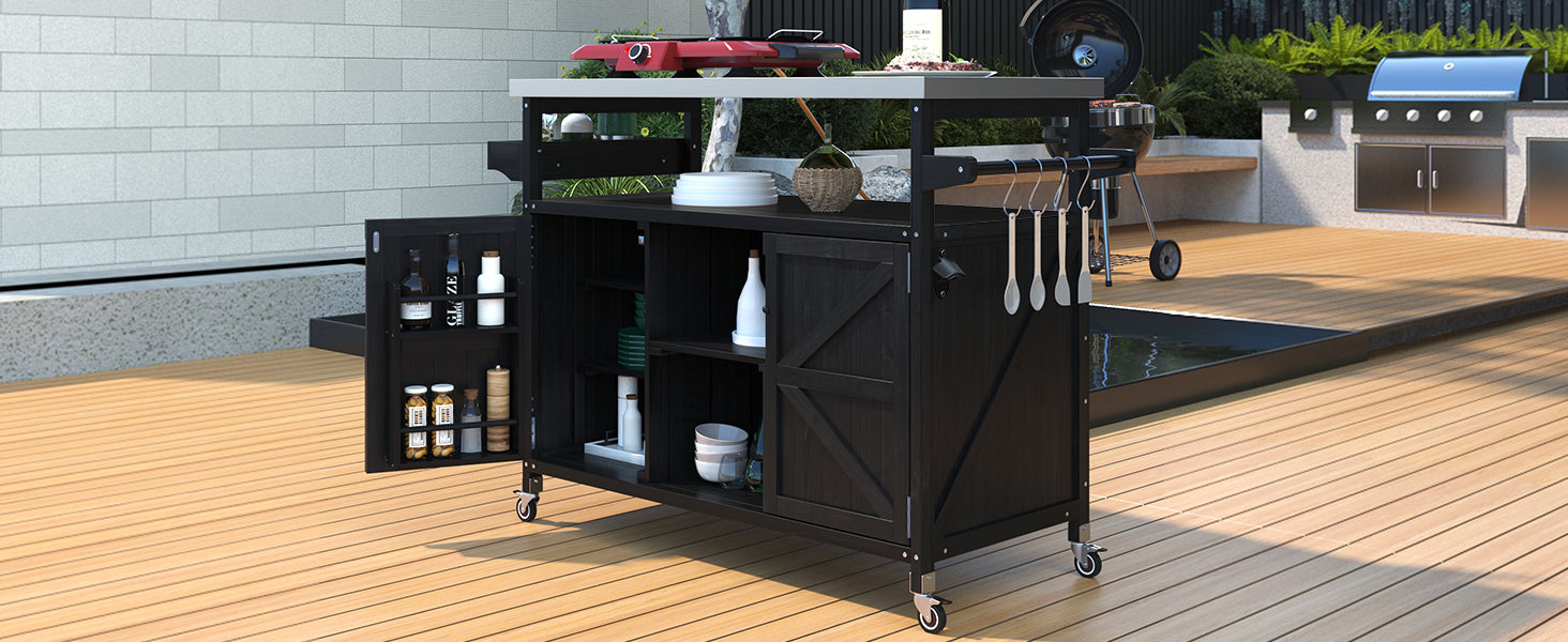 Outdoor Kitchen Island, Rolling Bar Cart & Storage Cabinet, Farmhouse Solid Wood Outdoor Grill Table with Stainless Steel Top, Spice Rack , Towel Rack for Kitchen & Barbecue, Black - DTYStore