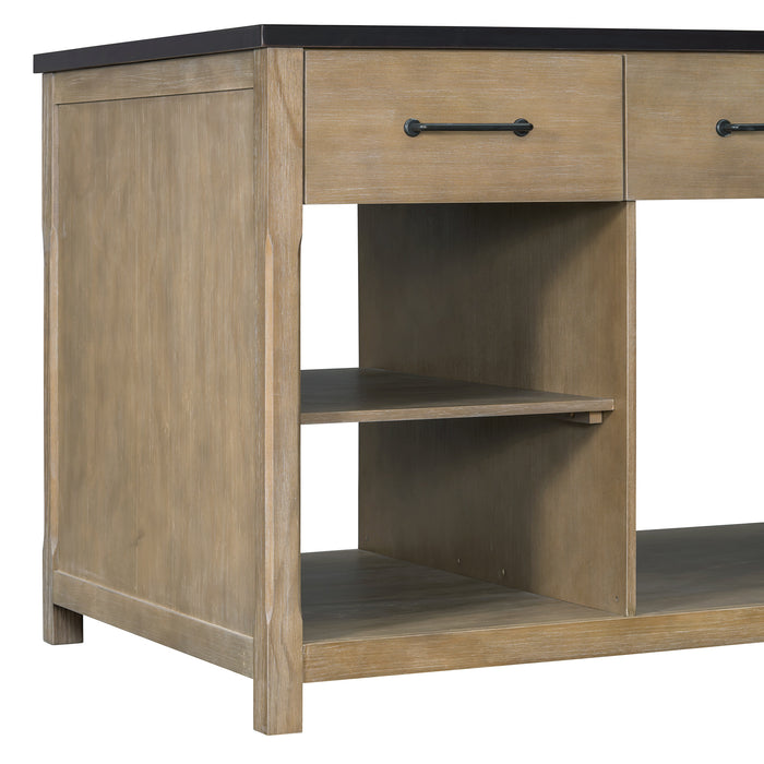 Extendable Kitchen Island with Storage, Multi-Functional Kitchen Cart with Built-In Power Outlets, Retro Kitchen Island on Wheels with Drawers and Open Shelves for Kitchen (Espresso+Natural) - DTYStore