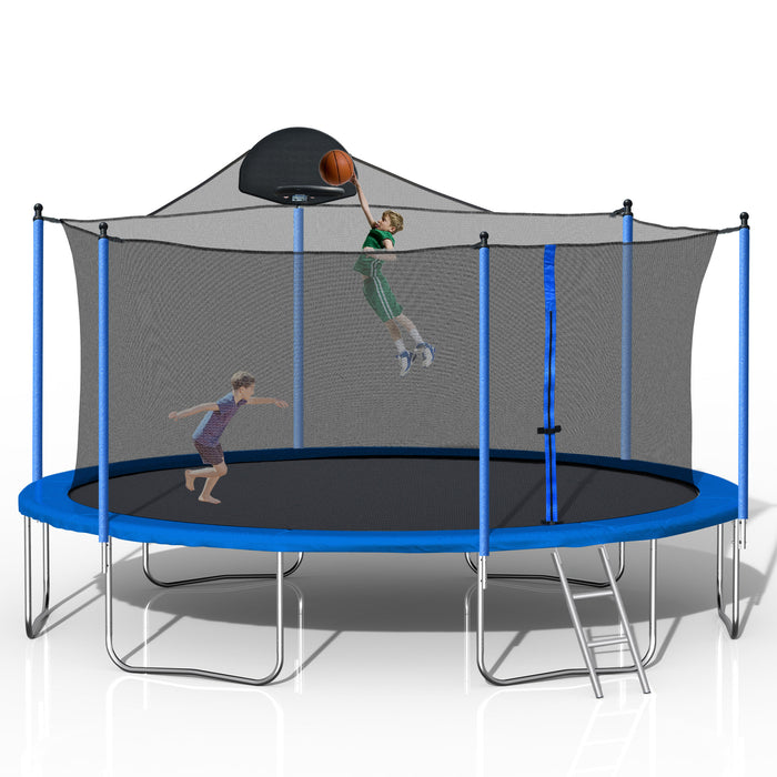 14FT Trampoline for Adults & Kids with Basketball Hoop, Outdoor Trampolines w/Ladder and Safety Enclosure Net for Kids and Adults,Double-side Color cover - DTYStore